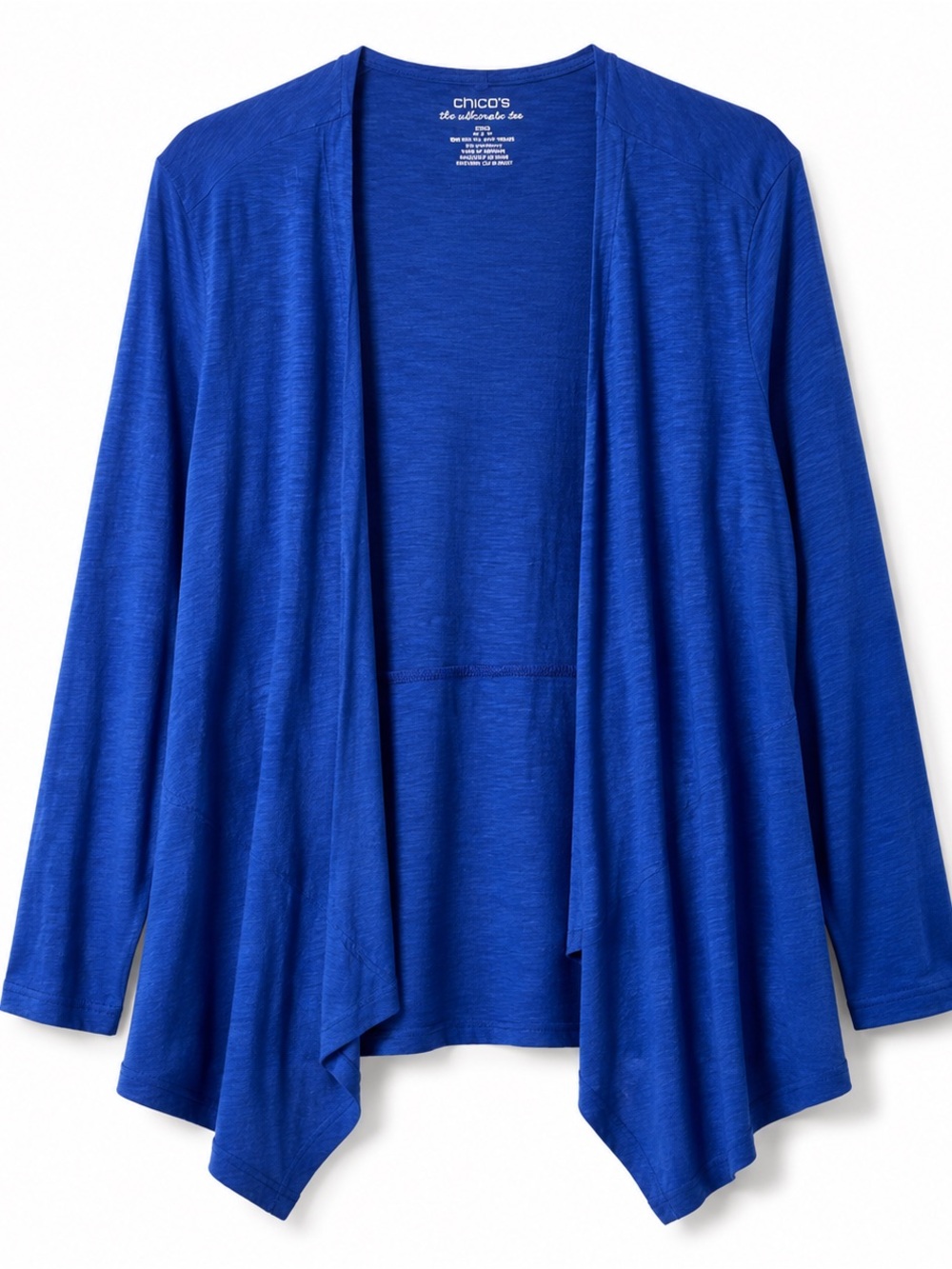 Chico’s Ultimate Tee Cardigan Size 2 L Cobalt Blue Draped Open Front